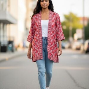 Max Studio Women's Tribal Print Red Kimono Jacket Size Small MSRP $195